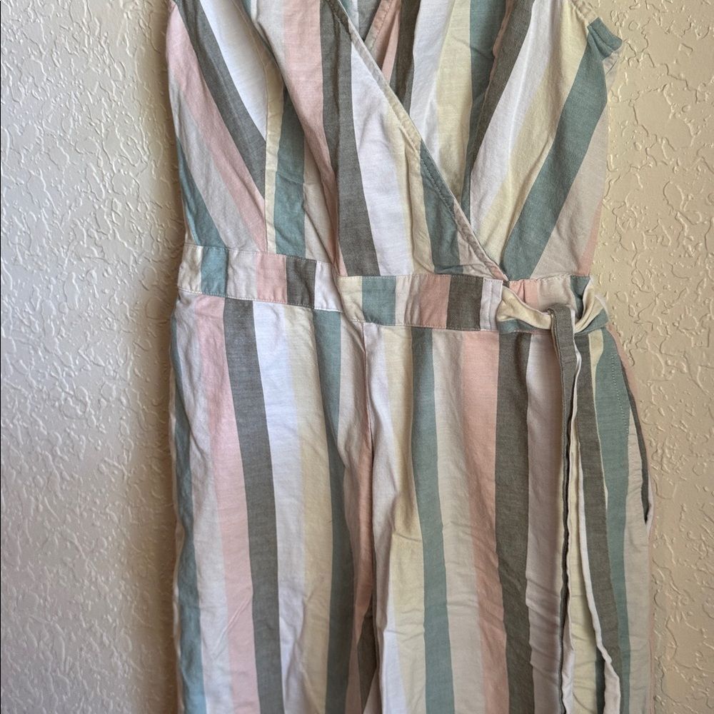 Lucky Brand Daisy Striped Jumpsuit Size Small Pastel Wide Leg Cotton V-Neck - Picture 6 of 10